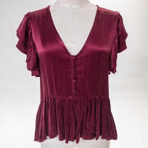 Neiman Marcus M Silky Ruffle Babydoll Blouse Red - Picture 1 of 10